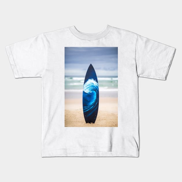 Dark blue wave painted on recycled surfboard on the beach Kids T-Shirt by DamiansART